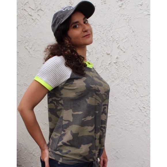 Neon Yellow and Grey Striped Camo Tunic Top - Picture 3 of 3